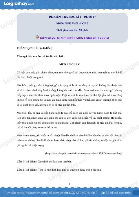 Đề thi học kì 1 Văn 7 - Đề số 17